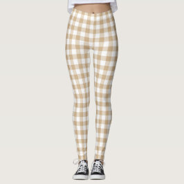 Leggings Tan Beige White Gingham Plaid