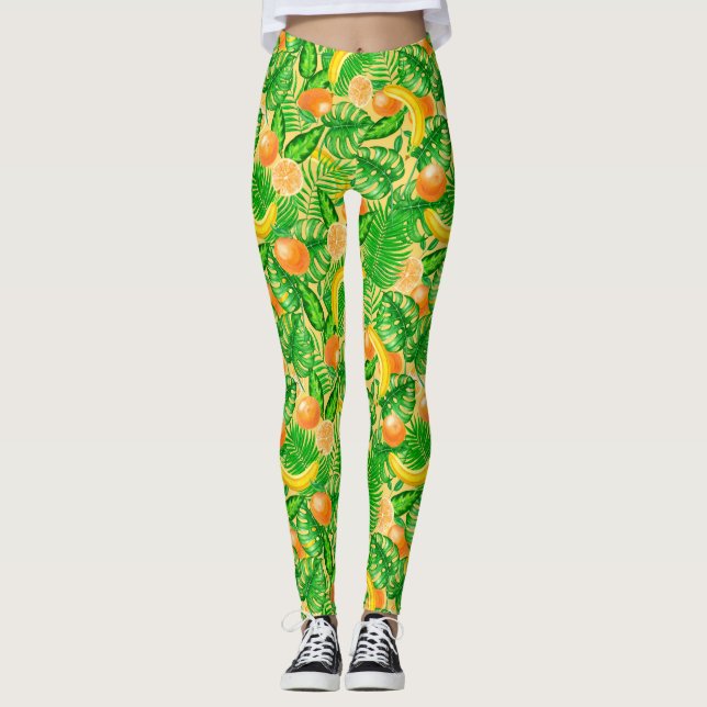 Leggings Tangerinas, plátanos y hojas tropicales (Anverso)