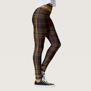 Leggings Tartán de la cadena dorada Black Red Plaid