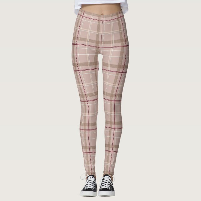 Leggings Tartan Plaid Burgundy Tan Pink | Piernas (Anverso)
