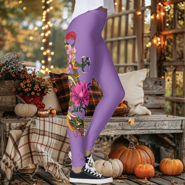 Leggings Tatuaje de dragón chino verde en negrita con flor  (Subido por el creador)