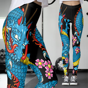 Leggings Tatuaje de Dragón con Flor de Cerezo Azul en Negro