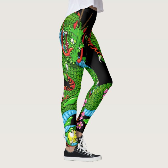 Leggings Tatuaje del Dragón Verde con flores de cerezo (Derecha)