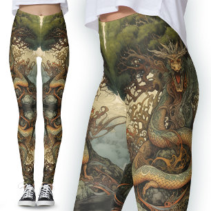 Leggings Tatuaje dragón de árbol natural verde naranja