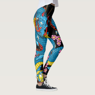 Leggings Tatuaje dragón de cerezo azul en negro