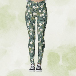 Leggings Teal Green Chinoiserie Tropical White Gold Floral
