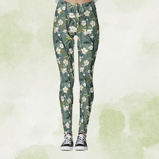 Leggings Teal Green Chinoiserie Tropical White Gold Floral