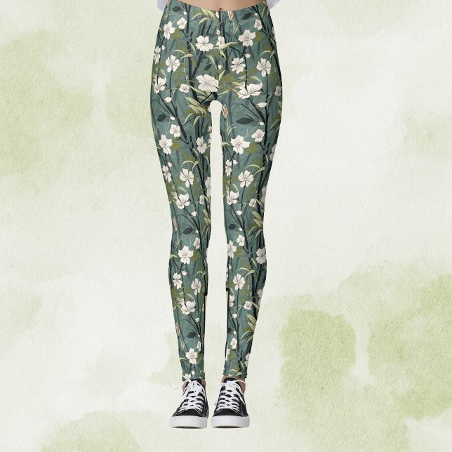 Leggings Teal Green Chinoiserie Tropical White Gold Floral (Subido por el creador)