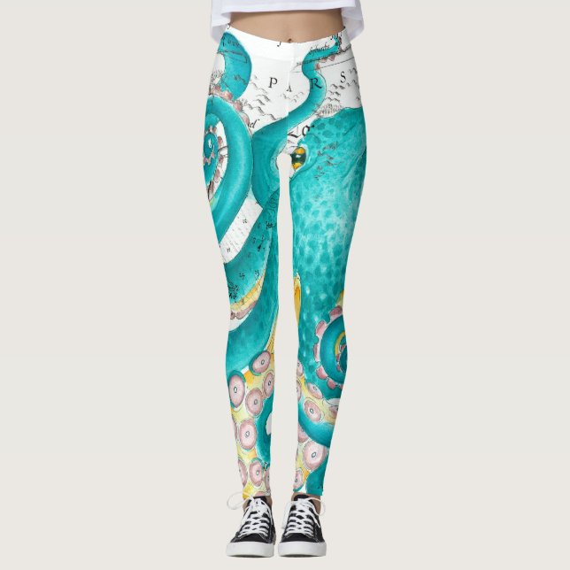 Leggings Teal Octopus Nautical Map Watercolor (Anverso)