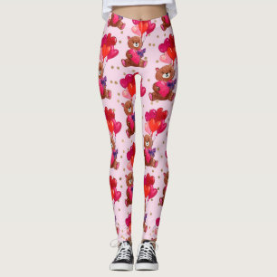 Leggings Teddy Bear With Heart Balloons Pattern