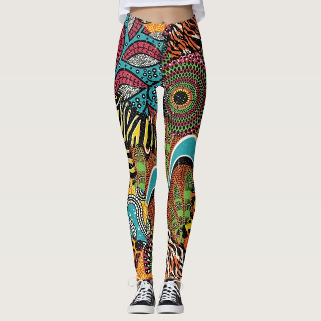 Leggings Tela Africana: Patchwork de animales salvajes. (Anverso)