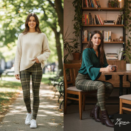 Leggings Tela de Tartán a Cuadros Oscuros de Caqui
