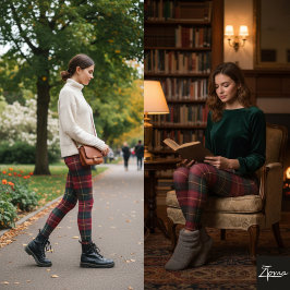 Leggings Tela Escocesa Tradicional Cuadrada Roja y Verde