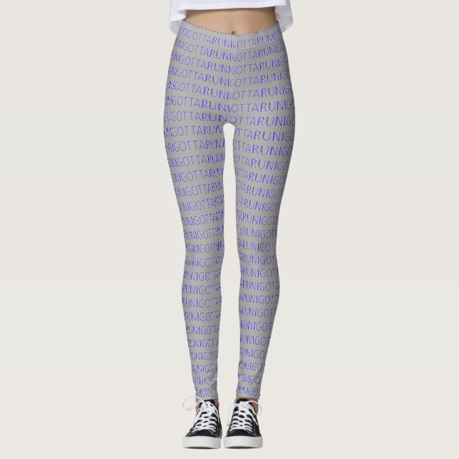 Leggings Tengo que correr azul en gris. (Anverso)