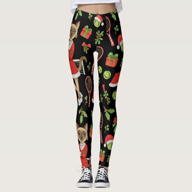 Leggings Tennis Christmas themed fir Siamese cat Lovers  (Anverso)