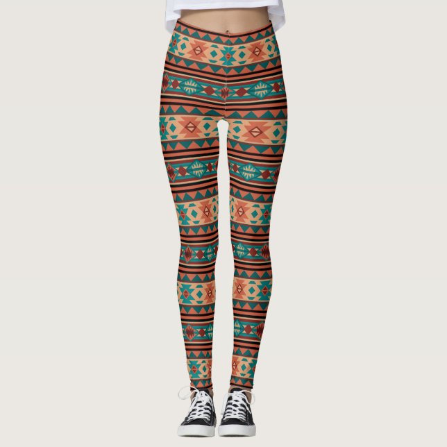 Leggings Terracota turquesa del patrón tribal del suroeste (Anverso)