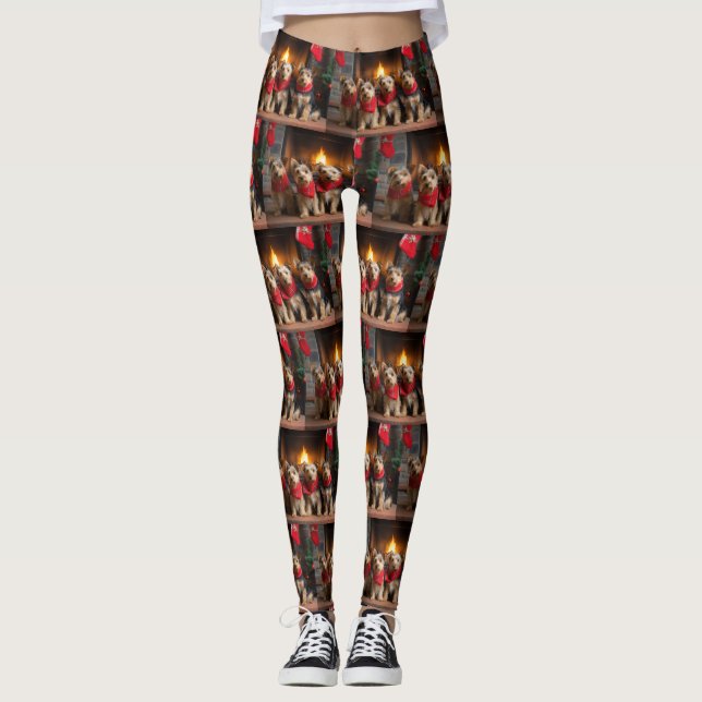 Leggings Terrier Australiano junto a la chimenea de Navidad (Anverso)