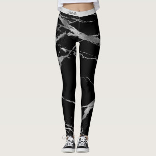 Leggings Texto de adición de mármol negro plateado de lujo