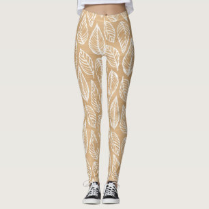Leggings Textura rústica de madera con patrón de hojas blan