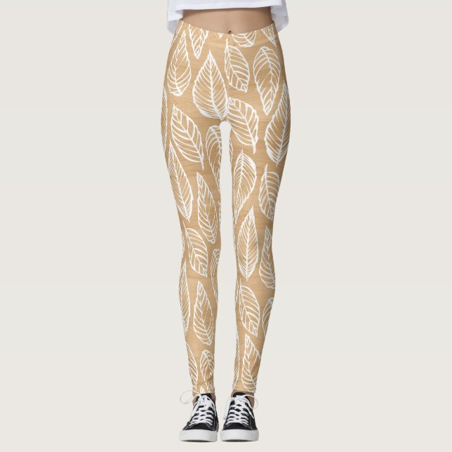 Leggings Textura rústica de madera con patrón de hojas blan (Anverso)