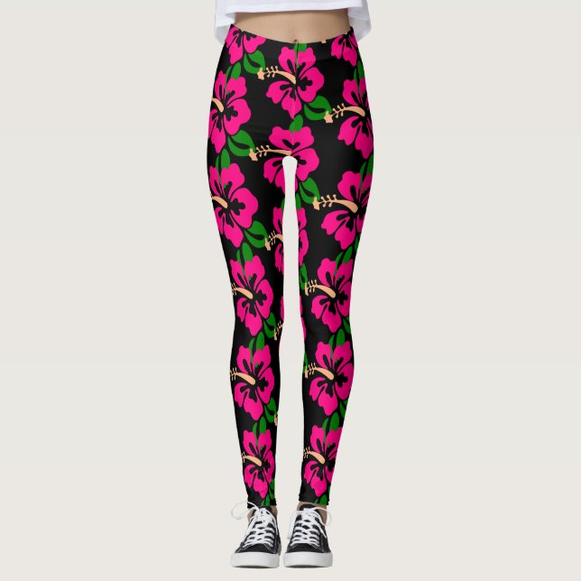 Leggings Thunder_Cove de flor rosada tropical hibiscus (Anverso)