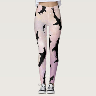Leggings Tiburón de pez sombra rosa sobre galaxia degradada