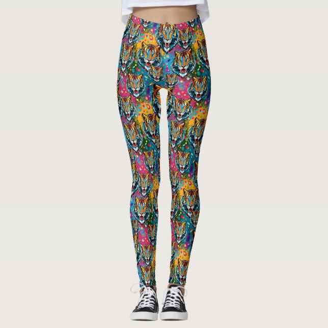 Leggings Tiger Head Rainbow colors paint stains (Anverso)