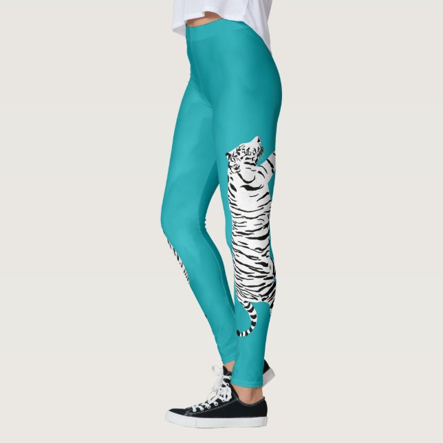 Leggings Tigre blanco y negro sobre azul turquesa Verde azu (Izquierda)