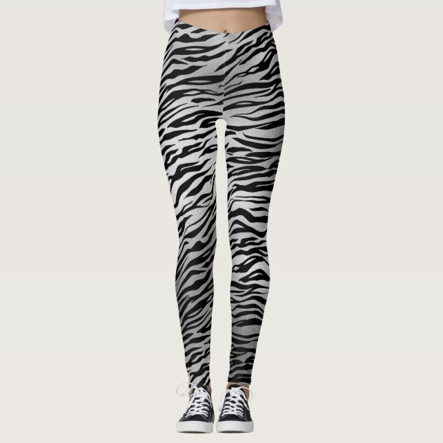 Leggings Tigre negro plateado imprime las piernas de las mu (Anverso)