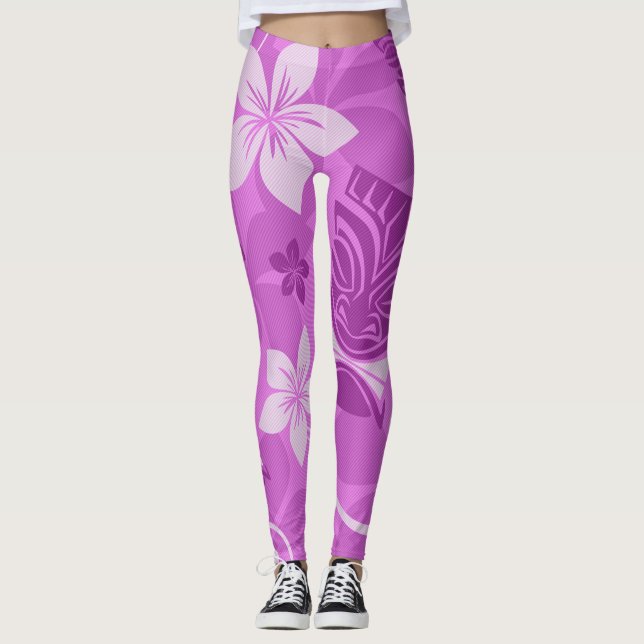 Leggings Tiki Púrpura y Rosa Hawaiano (Anverso)