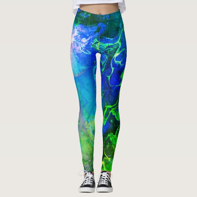 Leggings Tinta texturizada flotante Resumen caos verde y az (Anverso)