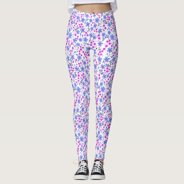Leggings Tiny cute white blue pink floral pattern (Anverso)