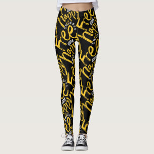 Leggings Tipografía Negra Moderna Gratis Feliz Amarilla Pin