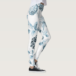 Leggings Toalla Verde azulada Floral Botánica Azul Vintage