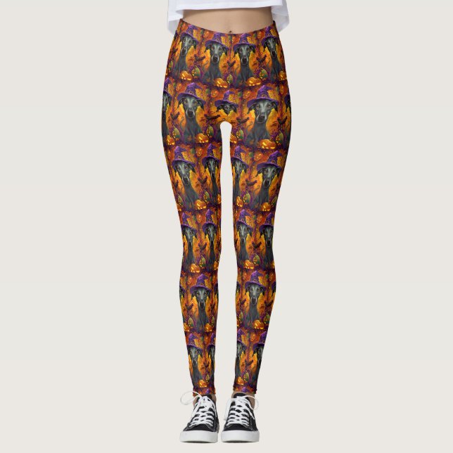 Leggings Tocante Perro Greyhound Halloween Bruja Y Calabaza (Anverso)