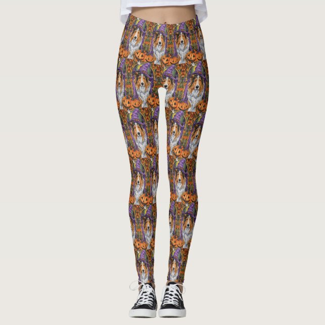 Leggings Tocante Rough Collie Dog Halloween Bruja Calabaza (Anverso)
