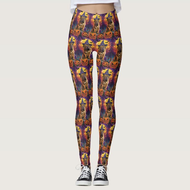 Leggings Tocante Shar Pei Perro Halloween Bruja Y Calabaza (Anverso)