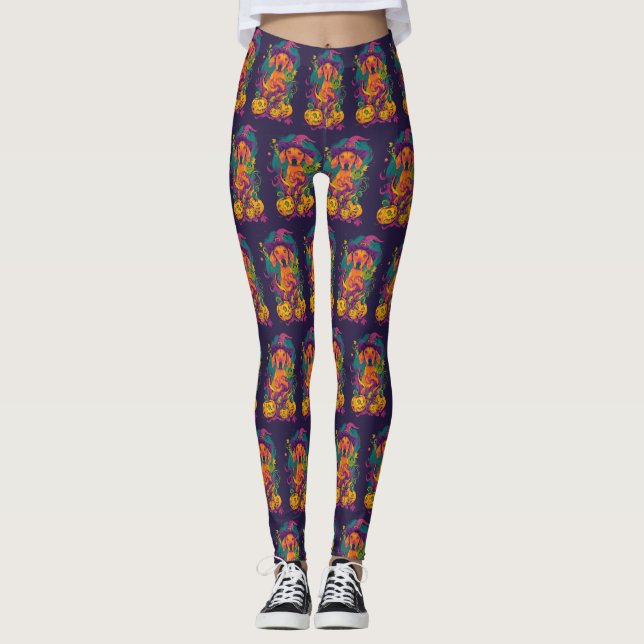 Leggings Tocante Vizsla Perro Halloween Bruja Y Calabaza (Anverso)