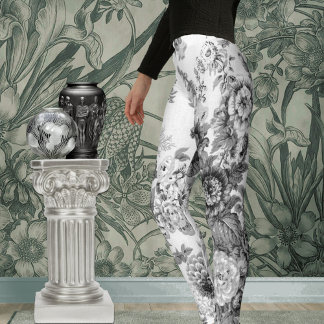Leggings Toile Botánico Floral Blanco Negro Vintage