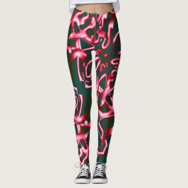 Leggings Tonos rojos en cintas abstractas en cian oscuro
