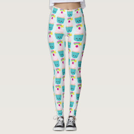 Leggings Torta azul dulce con cara de Kawaii