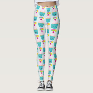 Leggings Torta azul dulce con cara de Kawaii