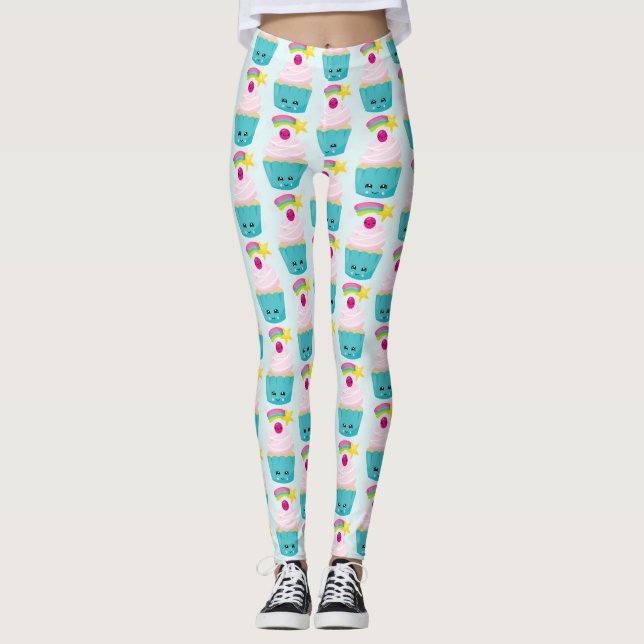 Leggings Torta azul dulce con cara de Kawaii (Anverso)