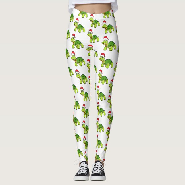 Leggings Tortuga alegre lindo con sombrero de Santa (Anverso)