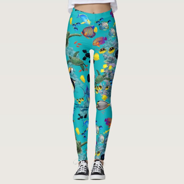 Leggings Tortuga de mar tropical hawaiana de los pescados (Anverso)