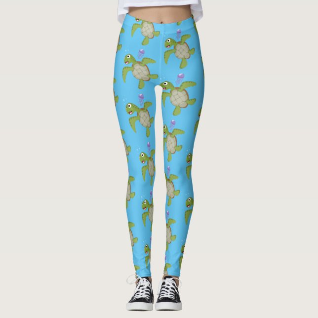 Leggings Tortuga marina verde suave feliz ilustracion perso (Anverso)