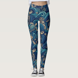 Leggings Tortugas Marinas, Palmeras y Patrón de Olas