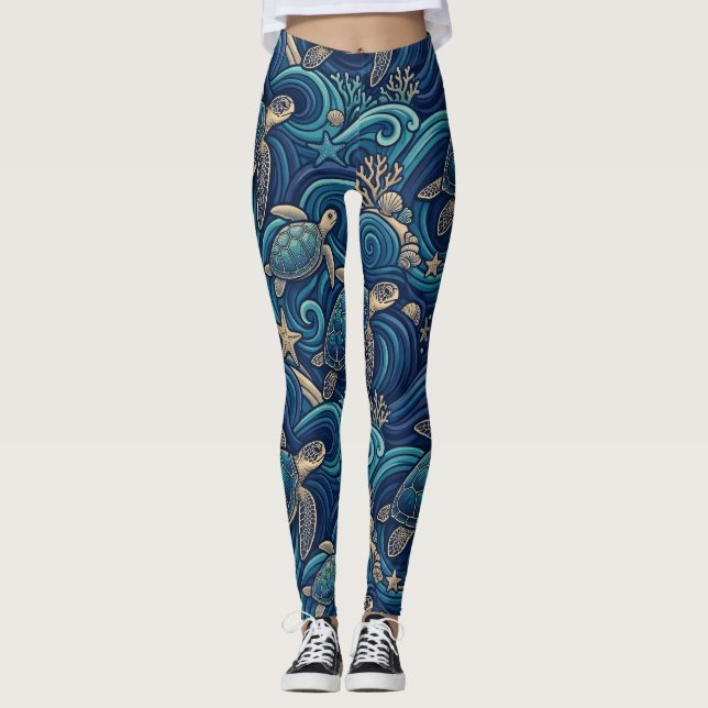 Leggings Tortugas Marinas, Palmeras y Patrón de Olas (Anverso)