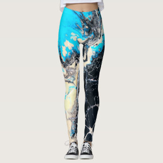 Leggings Trabajo de arte flúido ciánico y negro de la