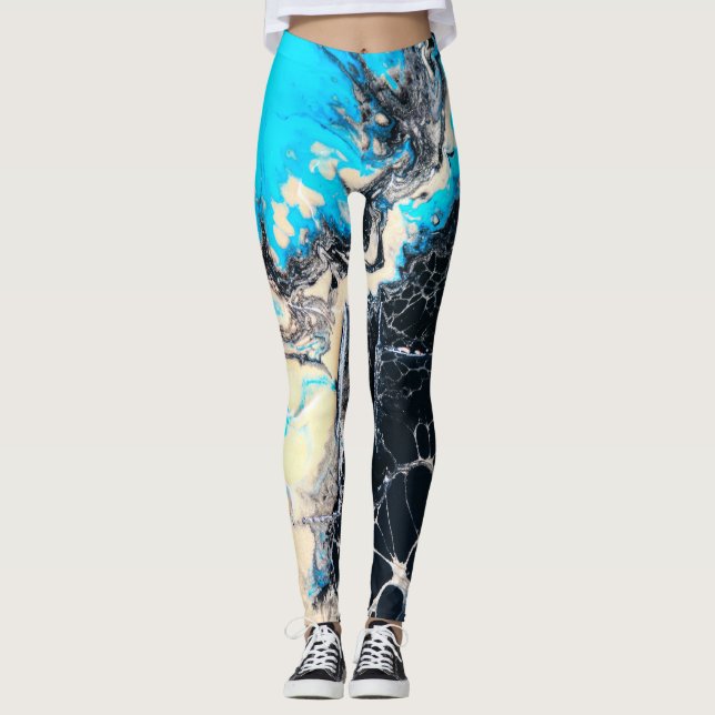 Leggings Trabajo de arte flúido ciánico y negro de la (Anverso)